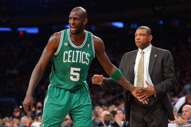 23 April 2013: Boston Celtics center Kevin Garnett (5) and Boston Celtics head coach Doc Rivers during game two of the first round of the NBA Basketball Herren USA Eastern Conference Playoffs at Madison Square Garden in New York City, NY The Knicks defeated the Celtics 87-71 to lead the series 2-0. NBA Basketball Herren USA APR 23 Eastern Conference First Round - Celtics at Knicks - Game 2 Icon781130423176 EDITORIAL USE ONLY