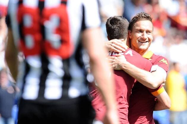 Erik Lamela Roma Francesco Totti..Goal celebrations.28 04 2013 Roma.Stadio Olimpico.Football Calcio 2012 2013 .Campionato di Calcio Serie A. AS Roma vs AC Siena . AntoniettaxBaldassarre