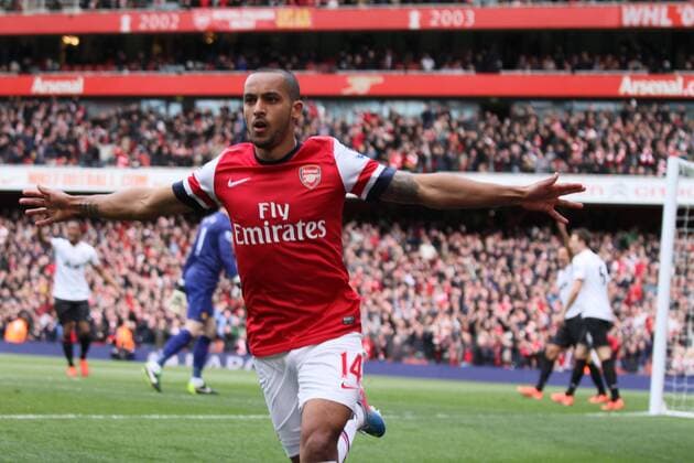 FC Arsenal London v Manchester United (ManU) . . April 28, 2013 Theo Walcott (A) celebrates scoring a goal for FC Arsenal. 1-0