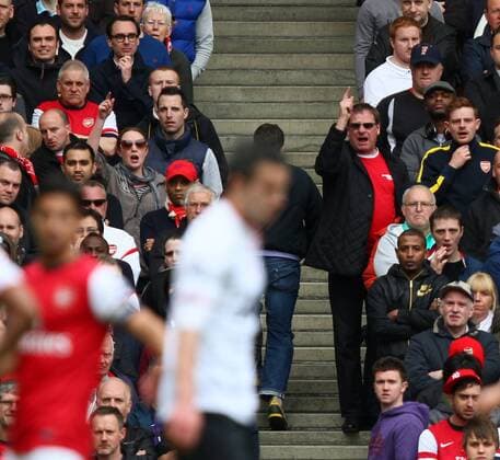 FC Arsenal London v Manchester United (ManU) . . April 28, 2013 Robin van Persie (MU) recieves some abuse from FC Arsenal fans.