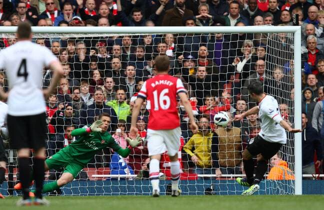 FC Arsenal London v Manchester United (ManU) . . April 28, 2013 Robin van Persie (MU) scores a goal for Manchester United from the penalty spot. 1-1 