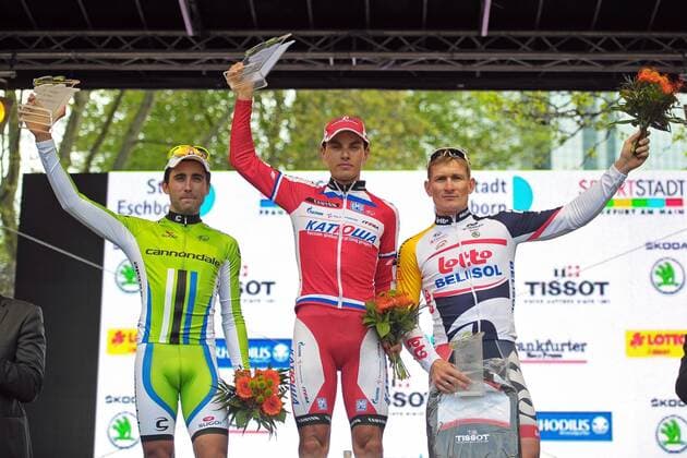 Podium v.l.n.r.- (2.) Moreno MOSER ( ITA Cannondale Pro Cycling Team ) - (1.) Simon SPILAK ( SLO Team Katusha ) - (3.) Andre GREIPEL ( GER Lotto-Belisol ) - Siegerehrung - Jubel - Freude - Emotionen - Aktion - quer - Event: Rund um den Finanzplatz Eschborn Frankfurt - Location: Frankfurt - Deutschland - Europa - Datum: 01.05.2013