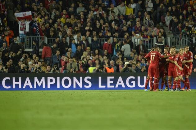 BARCELONA, 01.05.2013,Die Spieler des FC Bayern München jubeln nach dem Treffer zum 0-1 im UEFA Champions League Halbfinale Rückspiel FC Barcelona gegen FC Bayern München im Camp Nou in Barcelona, 01.05.2012.