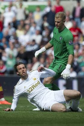 Football - 2012 2013 Premier League - Swansea City vs. Manchester City michu after missing a shot at goal & joe hart. 