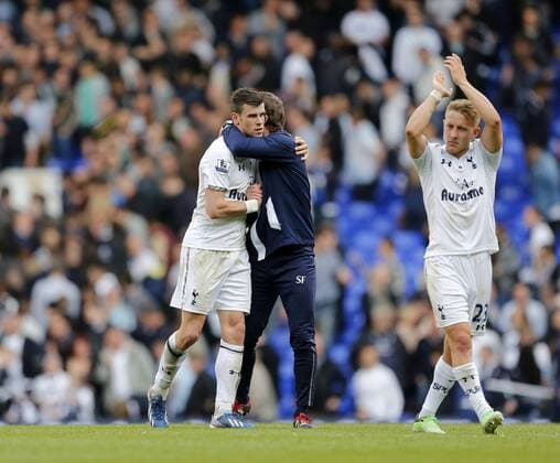 Tottenham s Gareth Bale ân Lewis Holtby celebrate at the final whistle with Steffen Freund..- Barclays Premier League - Tottenham vs Southampton - White Hart Lane - London - 4th May 2013 - Pic David Klein Sportimage EDITORIAL USE ONLY. No use with unauthorised audio, video, data, fixture lists, club league logos or live services. Online in-match use limited to 120 images, no video emulation. No use in betting, games or single club league player publications.