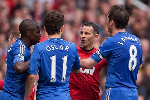 Football - 2012 2013 Premier League - Manchester United vs. Chelsea Ryan Giggs of Manchester United squares up to Oscar of Chelsea at Old Trafford 