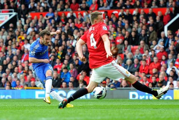 Juan Mata of Chelsea scores the winning goal - Barclays Premier League - Manchester Utd vs Chelsea - Old Trafford Stadium - Manchester - 05 05 13 - Picture Simon Bellis Sportimage EDITORIAL USE ONLY. No use with unauthorised audio, video, data, fixture lists, club league logos or live services. Online in-match use limited to 120 images, no video emulation. No use in betting, games or single club league player publications.