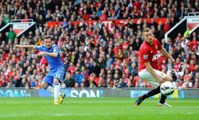Juan Mata of Chelsea scores the winning goal - Barclays Premier League - Manchester Utd vs Chelsea - Old Trafford Stadium - Manchester - 05 05 13 - Picture Simon Bellis Sportimage EDITORIAL USE ONLY. No use with unauthorised audio, video, data, fixture lists, club league logos or live services. Online in-match use limited to 120 images, no video emulation. No use in betting, games or single club league player publications.