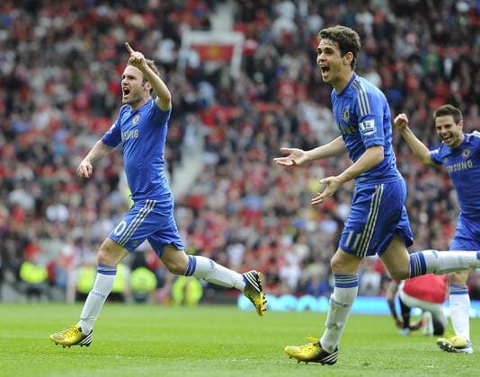 Juan Mata of Chelsea celebrates scoring the winning goal - Barclays Premier League - Manchester Utd vs Chelsea - Old Trafford Stadium - Manchester - 05 05 13 - Picture Simon Bellis Sportimage EDITORIAL USE ONLY. No use with unauthorised audio, video, data, fixture lists, club league logos or live services. Online in-match use limited to 120 images, no video emulation. No use in betting, games or single club league player publications.