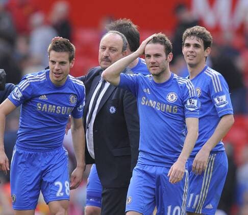 Rafa Benitez interim manager of Chelsea celebrates with his players at the end of the match - Barclays Premier League - Manchester Utd vs Chelsea - Old Trafford Stadium - Manchester - 05 05 13 - Picture Simon Bellis Sportimage EDITORIAL USE ONLY. No use with unauthorised audio, video, data, fixture lists, club league logos or live services. Online in-match use limited to 120 images, no video emulation. No use in betting, games or single club league player publications.