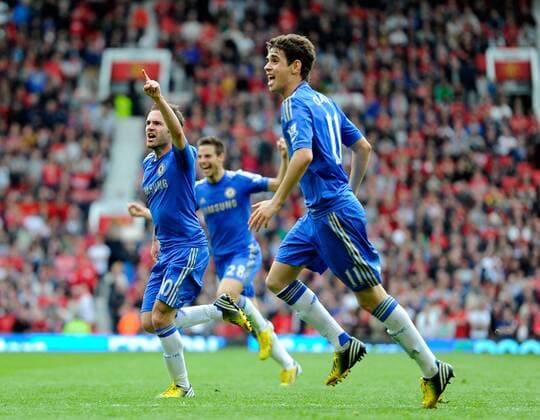 Juan Mata of Chelsea celebrates scoring the winning goal - Barclays Premier League - Manchester Utd vs Chelsea - Old Trafford Stadium - Manchester - 05 05 13 - Picture Simon Bellis Sportimage EDITORIAL USE ONLY. No use with unauthorised audio, video, data, fixture lists, club league logos or live services. Online in-match use limited to 120 images, no video emulation. No use in betting, games or single club league player publications.