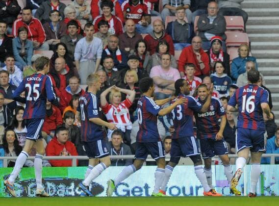 Jonathan Walters of Stoke City (2nd R) celebrates scoring their first goal - Barclays Premier League - Sunderland vs Stoke City - Stadium of Light - Sunderland - 06 05 13 - Picture Richard Lee Sportimage EDITORIAL USE ONLY. No use with unauthorised audio, video, data, fixture lists, club league logos or live services. Online in-match use limited to 120 images, no video emulation. No use in betting, games or single club league player publications.