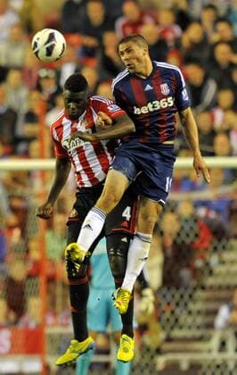 Alfred N Diaye of Sunderland (L) and Jonathan Walters of Stoke City - Barclays Premier League - Sunderland vs Stoke City - Stadium of Light - Sunderland - 06 05 13 - Picture Richard Lee Sportimage EDITORIAL USE ONLY. No use with unauthorised audio, video, data, fixture lists, club league logos or live services. Online in-match use limited to 120 images, no video emulation. No use in betting, games or single club league player publications.