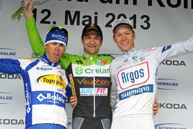 Podium v.l.n.r. - (2.) Pieter JACOBS ( li. BEL Topsport Vlaanderen - Baloise ) - (1.) Sebastien DELFOSSE ( mi. BEL Crelan - Euphony ) - (3.) Georg PREIDLER ( re. GER Argos - Shimano ) - Siegerehrung - Jubel - Freude - Emotionen - Aktion - quer - Event: Rund um Köln 2013 - Hückeswagen nach Köln Rheinauhafen 192.6 km - Location: Deutschland - Europa - Datum: 12.05.2013