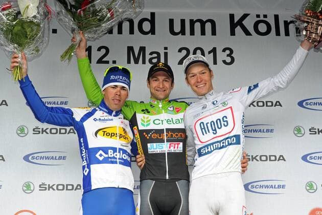 Podium v.l.n.r. - (2.) Pieter JACOBS ( li. BEL Topsport Vlaanderen - Baloise ) - (1.) Sebastien DELFOSSE ( mi. BEL Crelan - Euphony ) - (3.) Georg PREIDLER ( re. GER Argos - Shimano ) - Siegerehrung - Jubel - Freude - Emotionen - Aktion - quer - Event: Rund um Köln 2013 - Hückeswagen nach Köln Rheinauhafen 192.6 km - Location: Deutschland - Europa - Datum: 12.05.2013