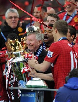 Sir Alex Ferguson manager of Manchester United with the Premeir League Trophy - Barclays Premier League - Manchester United ManU - Old Trafford Stadium - Manchester - England - 12 05 13 - EDITORIAL USE ONLY. No use with unauthorised audio, video, data, fixture lists, club league logos or live services. Online in-match use limited to 120 images, no video emulation. No use in betting, games or single club league player publications.