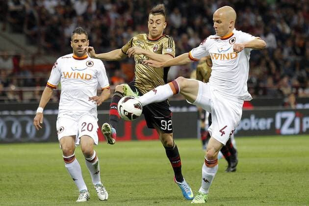 Simone Perrotta Roma, Stephan El Shaarawy Milan, Michael Bradley Roma, Milano 12 5 2013 .Stadio S.Siro .Football Calcio 2012 2013 Serie A. AC Milan Vs AS Roma. MarcoxBertorello