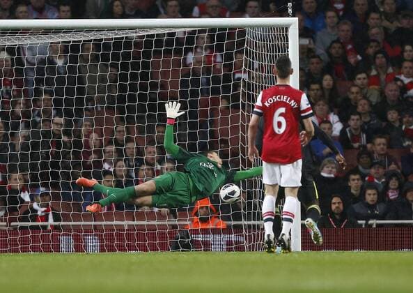 Arsenal s Wojciech Szczesny fails to save Wigan s Shaun Maloney s freekick - Barclays Premier League - Arsenal vs Wigan - Emirates Stadium - London - 14 05 2013 - Pic David Klein Sportimage EDITORIAL USE ONLY. No use with unauthorised audio, video, data, fixture lists, club league logos or live services. Online in-match use limited to 120 images, no video emulation. No use in betting, games or single club league player publications.