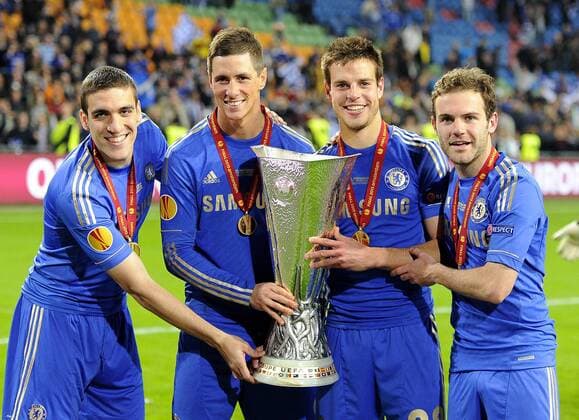 Fernando Torres of Chelsea Nathan Akin Cesar Azpilicueta of Chelsea and Juan Mata of Chelsea - UEFA Europa League Final - Benfica Lissabon vs FC Chelsea London - The Amsterdam Arena - Amsterdam - Netherlands - 15 05 13 - Picture Simon Bellis Sportimage EDITORIAL USE ONLY. No use with unauthorised audio, video, data, fixture lists, club league logos or live services. Online in-match use limited to 120 images, no video emulation. No use in betting, games or single club league player publications.