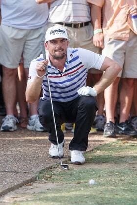 May 17, 2013: Keegan Bradley lines up his approach after hitting his tee shot next to the cart path on 18 during the second round of the HP Byron Nelson Championship played at the TPC Four Seasons Resort in Irving, TX. GOLF: MAY 17 PGA Golf Herren - HP Byron Nelson Championship - Second Round Icon1305174002 EDITORIAL USE ONLY