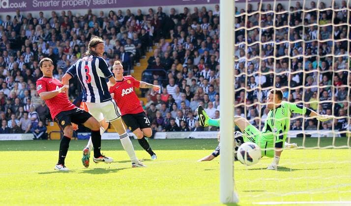 Manchester United s Alex Buttner scoring his sides third goal - Barclays Premier League - West Bromwich Albion vs Manchester United - The Hawthrowns - West Bromwich - 19 05 2013 - Pic David Klein Sportimage EDITORIAL USE ONLY. No use with unauthorised audio, video, data, fixture lists, club league logos or live services. Online in-match use limited to 120 images, no video emulation. No use in betting, games or single club league player publications.
