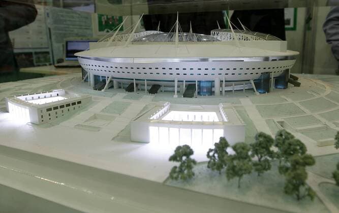 May 21, 2013. - Russia, Saint Petersburg. - The first International Exhibition and Conference FOOTBALL BUILD EXPO opened at the Petersburg Sports and Concert Complex. Subject of exhibition and conference FOOTBALL BUILD EXPO is devoted to the preparation for the FIFA World Cup 2018 in Russia. In picture: model of the St. Petersburg stadium Zenith Arena , which will host the FIFA World Cup 2018. AleksanderxNikolaev 