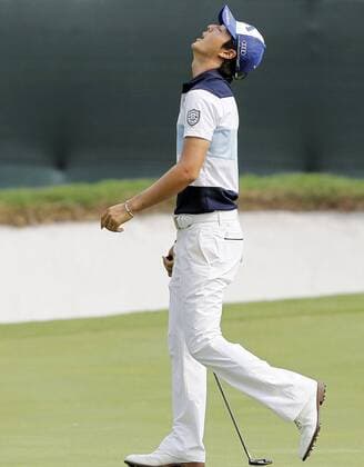 May 23, 2013 - Fort Worth, TX, USA - Ryo Ishikawa reacts to missing a putt on the 9th green in the opening round of the Crowne Plaza Invitational at Colonial, Thursday May 23, 2013, in Fort Worth, Texas. Colonial First Round - ZUMAm67