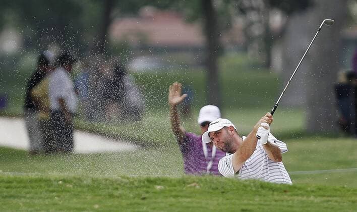 May 23, 2013 - Fort Worth, TX, USA - Josh Teater hits the ball out of a bunker on the 15th hole in the opening round of the Crowne Plaza Invitational at Colonial, Thursday May 23, 2013, in Fort Worth, Texas. Colonial First Round - ZUMAm67