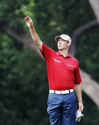 May 23, 2013 - Fort Worth, TX, USA - Doug LaBelle II checks the direction of the wind on the 8th hole in the opening round of the Crowne Plaza Invitational at Colonial, Thursday May 23, 2013, in Fort Worth, Texas. Colonial First Round - ZUMAm67