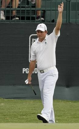 May 23, 2013 - Fort Worth, TX, USA - Nicholas Thompson celebrates making a long putt on the 9th green in the opening round of the Crowne Plaza Invitational at Colonial, Thursday May 23, 2013, in Fort Worth, Texas. Colonial First Round - ZUMAm67