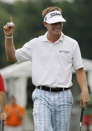 May 23, 2013 - Fort Worth, TX, USA - John Peterson acknowledges fans after finishing the opening round of the Crowne Plaza Invitational at Colonial, Thursday May 23, 2013, in Fort Worth, Texas. Colonial First Round - ZUMAm67