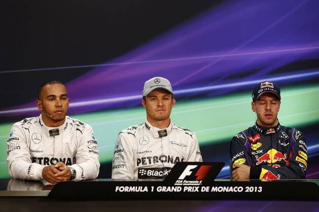Motorsports: FIA Formula One World Championship 2013, Grand Prix of Monaco, 10 Lewis Hamilton (GBR, Mercedes AMG Petronas F1 Team), 9 Nico Rosberg (GER, Mercedes AMG Petronas F1 Team), 1 Sebastian Vettel (GER, Infiniti Red Bull Racing), xHOCHxZWEIx