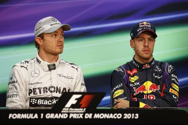 Motorsports: FIA Formula One World Championship 2013, Grand Prix of Monaco, 9 Nico Rosberg (GER, Mercedes AMG Petronas F1 Team), 1 Sebastian Vettel (GER, Infiniti Red Bull Racing), xHOCHxZWEIx