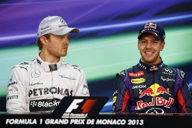 Motorsports: FIA Formula One World Championship 2013, Grand Prix of Monaco, 9 Nico Rosberg (GER, Mercedes AMG Petronas F1 Team), 1 Sebastian Vettel (GER, Infiniti Red Bull Racing), xHOCHxZWEIx