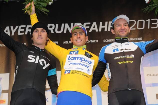 Podium v.l.n.r. - (2.) Geraint THOMAS ( li. GBR SKY Procycling Team ) - (1.) Adriano MALORI ( mi. ITA Lampre - Merida ) - (3.) Jan BARTA ( re CZE Team NetApp - Endura ) - Siegerehrung - Jubel - Freude - Emotionen - Aktion - quer - Event: Bayern Rundfahrt 2013 - 5.Etappe: Kelheim nach Nürnberg 169.8 km - Location: Nürnberg - Bayern - Deutschland - Europa - Datum: 26.05.2013
