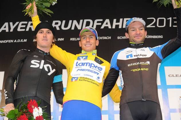 Podium v.l.n.r. - (2.) Geraint THOMAS ( li. GBR SKY Procycling Team ) - (1.) Adriano MALORI ( mi. ITA Lampre - Merida ) - (3.) Jan BARTA ( re CZE Team NetApp - Endura ) - Siegerehrung - Jubel - Freude - Emotionen - Aktion - quer - Event: Bayern Rundfahrt 2013 - 5.Etappe: Kelheim nach Nürnberg 169.8 km - Location: Nürnberg - Bayern - Deutschland - Europa - Datum: 26.05.2013