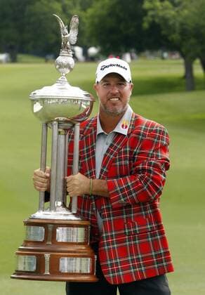 May 26, 2013 - Fort Worth, TX, USA - Boo Weekley, winner of the Crowne Plaza Invitational at Colonial, holds the Marvin Leonard Trophy, Sunday, May 26, 2013, in Fort Worth, Texas. COLONIALSUNDAY - ZUMAm67