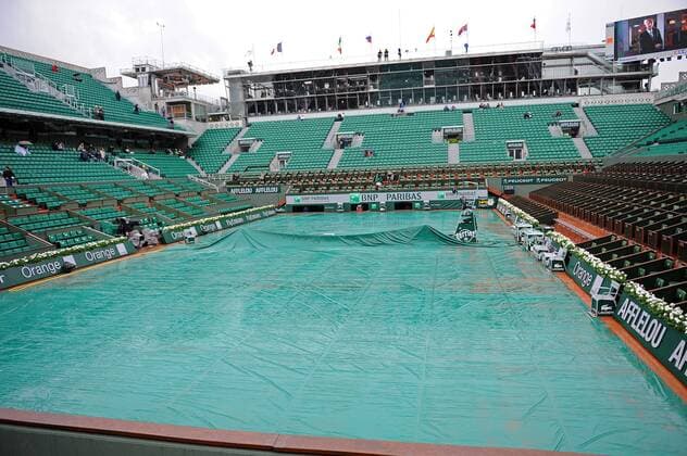 28.05.2013 Paris, France. Philippe Chatrier court is covered due to rain at the French Open from Roland Garros. xDavidxEmmx  ActionPlus11412331