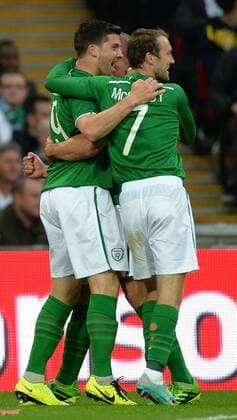 Shane Long of Ireland celebrates scoring the first goal - International Friendly - England vs Republic of Ireland - Wembley Stadium - London - England - 29 05 13 - Picture Simon Bellis Sportimage EDITORIAL USE ONLY. No use with unauthorised audio, video, data, fixture lists, club league logos or live services. Online in-match use limited to 120 images, no video emulation. No use in betting, games or single club league player publications.