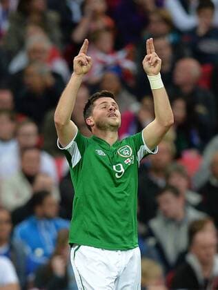 Shane Long of Ireland celebrates scoring the first goal - International Friendly - England vs Republic of Ireland - Wembley Stadium - London - England - 29 05 13 - Picture Simon Bellis Sportimage EDITORIAL USE ONLY. No use with unauthorised audio, video, data, fixture lists, club league logos or live services. Online in-match use limited to 120 images, no video emulation. No use in betting, games or single club league player publications.