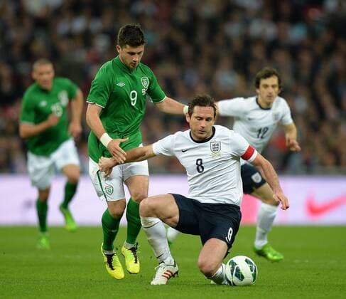 Shane Long of Ireland tussles with Frank Lampard of England - International Friendly - England vs Republic of Ireland - Wembley Stadium - London - England - 29 05 13 - Picture Simon Bellis Sportimage EDITORIAL USE ONLY. No use with unauthorised audio, video, data, fixture lists, club league logos or live services. Online in-match use limited to 120 images, no video emulation. No use in betting, games or single club league player publications.