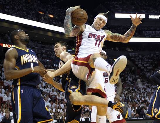 May 30, 2013 - Miami, FL, USA - The Miami Heat s Chris Andersen (11) grabs a rebound over the Indiana Pacers Tyler Hansbrough during the second quarter in Game 5 of the Eastern Conference finals on,Thursday, May 30, 2013, at AmericanAirlines Arena in Miami, Florida. Game 5: Indiana at Miami - ZUMAm67