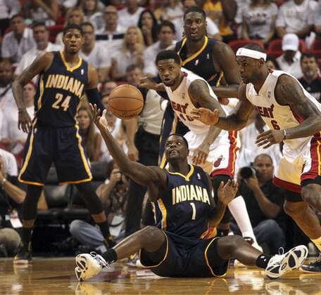 May 30, 2013 - Miami, FL, USA - The Miami Heat s Udonis Haslem and LeBron James, right, look on as the Indiana Pacers Lance Stephenson (1) fumbles the ball in the first quarter in Game 5 of the Eastern Conference finals on Thursday, May 30, 2013, at AmericanAirlines Arena in Miami, Florida. Game 5: Indiana at Miami - ZUMAm67