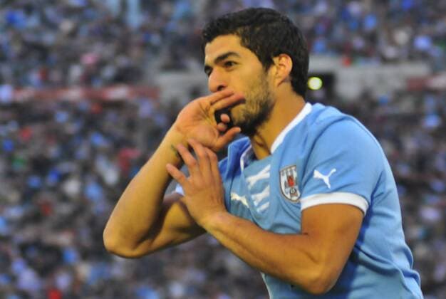 Football, Uruguay vs Francia. Friendly match Uruguay s player Luis Suarez, celebrates after scoring against Francia during the friendly football match held at Centenario stadium in Montevideo, Uruguay. . 