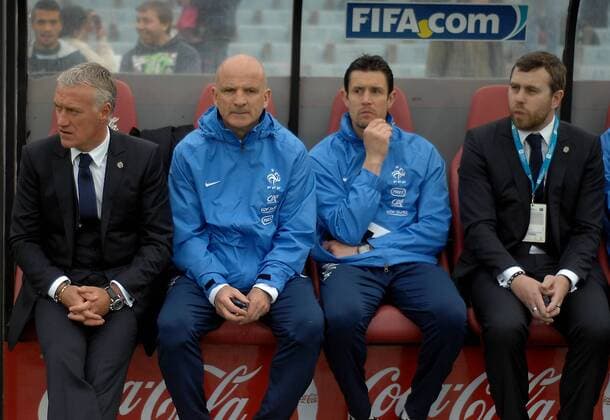 Football, Uruguay vs Francia. Friendly match France s head coach, Didier Deschamps, left, in action during the friendly football match held at Centenario stadium in Montevideo, Uruguay. . 