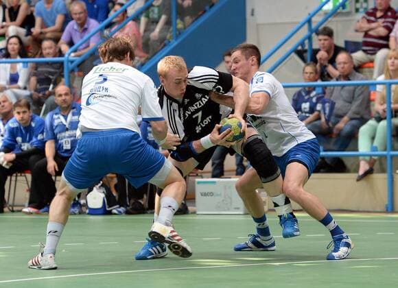 08.06.2013, xjhx, Handball HBL, TV Grosswallstadt - THW Kiel, v.l. Steffen Bühler (TV Grosswallstadt), Rene Toft Hansen (THW Kiel), Michael Spatz (TV Grosswallstadt)