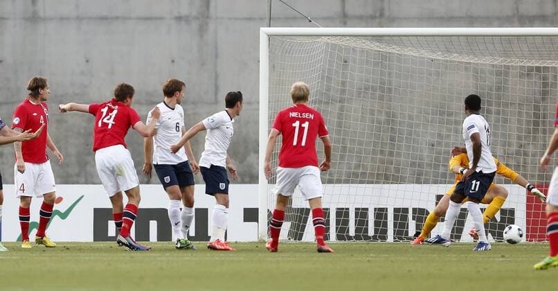 Norway s Fredrik Semb Berge scoring his sides opening goal - England U21 vs Norway U21 - UEFA U21 Championship 2013 - Ha Moshava Stadium - Petah Tikva - Israel - 08 06 2013 - Pic David Klein Sportimage EDITORIAL USE ONLY. No use with unauthorised audio, video, data, fixture lists, club league logos or live services. Online in-match use limited to 120 images, no video emulation. No use in betting, games or single club league player publications.
