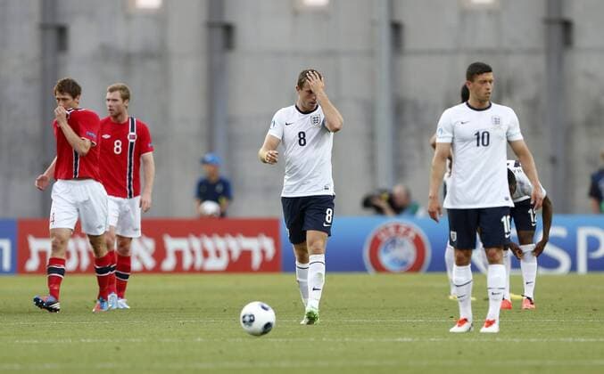 England s Jordan Henderson looks on dejected after going 1-0 down - England U21 vs Norway U21 - UEFA U21 Championship 2013 - Ha Moshava Stadium - Petah Tikva - Israel - 08 06 2013 - Pic David Klein Sportimage EDITORIAL USE ONLY. No use with unauthorised audio, video, data, fixture lists, club league logos or live services. Online in-match use limited to 120 images, no video emulation. No use in betting, games or single club league player publications.