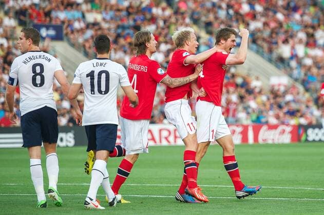 (L-R) Jordan Henderson of England U21, Jason Lowe of England U21, Stefan Strandberg of Norway U21, Havard Nielsen of Norway U21, Fredrik Semb Berge of Norway U21 during the UEFA U21 Championship match between England U21 and Norway U21 on June 8, 2013 at the Ha Moshava stadium in Petah Tikva, Israel England U21 v Norway U21 UEFA EURO U21 2012 2013 xVIxxIVx 1598536