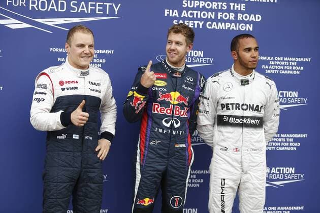 Motorsports: FIA Formula One World Championship 2013, Grand Prix of Canada, 17 Valtteri Bottas (FIN, Williams F1 Team), 1 Sebastian Vettel (GER, Infiniti Red Bull Racing), 10 Lewis Hamilton (GBR, Mercedes AMG Petronas F1 Team), xHOCHxZWEIx